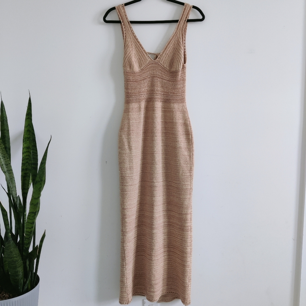 Ronny Kobo Sz Medium Cream Crochet Knit Sleeveless V-Neck Midi Dress open knit